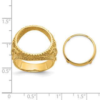 10k Yellow Gold Mens Polished and Textured Fancy Filigree Design 16.5mm Coin Bezel Ring - Fits 1/10 oz American Eagle and 1/10 oz Krugerrand