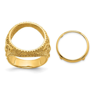 14k Gold Mens Polished & Textured Fancy Filigree Design 16.5mm Coin Bezel Ring - Fits 1/10 oz American Eagle and 1/10 oz Krugerrand