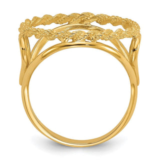 14k Yellow Gold Ladies Polished and Diamond-cut Heart Sides with Rope Edge 16.5mm Coin Bezel Ring - Fits 1/10 oz American Eagle and 1/10 oz Krugerrand