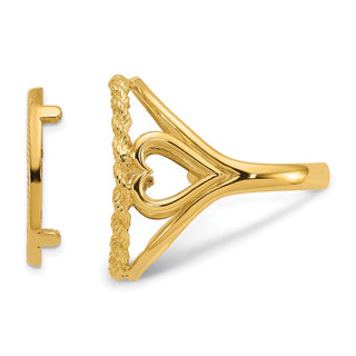 14k Yellow Gold Ladies Polished and Diamond-cut Heart Sides with Rope Edge 16.5mm Coin Bezel Ring - Fits 1/10 oz American Eagle and 1/10 oz Krugerrand