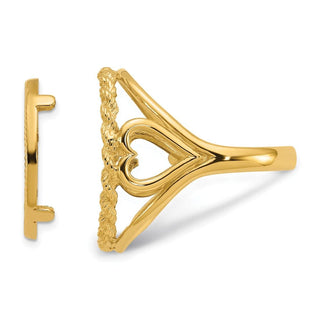 14k Yellow Gold Ladies Polished and Diamond-cut Heart Sides with Rope Edge 16.5mm Coin Bezel Ring - Fits 1/10 oz American Eagle and 1/10 oz Krugerrand