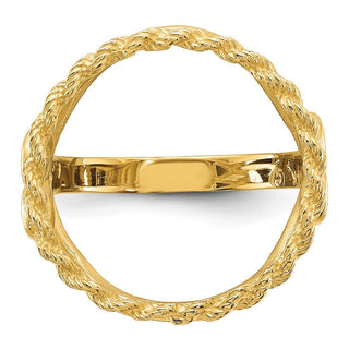 14k Yellow Gold Ladies Polished and Diamond-cut Heart Sides with Rope Edge 16.5mm Coin Bezel Ring - Fits 1/10 oz American Eagle and 1/10 oz Krugerrand