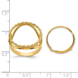 14k Yellow Gold Ladies Polished and Diamond-cut Heart Sides with Rope Edge 16.5mm Coin Bezel Ring - Fits 1/10 oz American Eagle and 1/10 oz Krugerrand