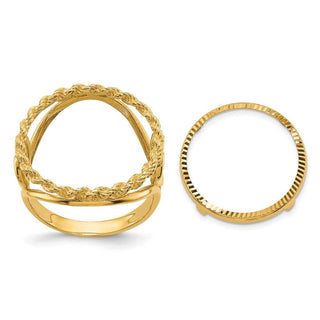 14k Yellow Gold Ladies Polished and Diamond-cut Heart Sides with Rope Edge 16.5mm Coin Bezel Ring - Fits 1/10 oz American Eagle and 1/10 oz Krugerrand