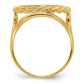 14k Yellow Gold Ladies Polished Wire Rope w/ Heart Sides 13.0mm Coin Bezel Ring - Fits 2 Pesos and US $1