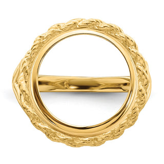 14k Yellow Gold Ladies Polished Wire Rope w/ Heart Sides 13.0mm Coin Bezel Ring - Fits 2 Pesos and US $1