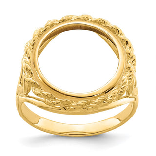 14k Yellow Gold Ladies Polished Wire Rope w/ Heart Sides 13.0mm Coin Bezel Ring - Fits 2 Pesos and US $1