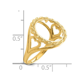 14k Yellow Gold Ladies Polished Wire Rope w/ Heart Sides 13.0mm Coin Bezel Ring - Fits 2 Pesos and US $1