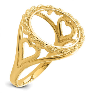 14k Yellow Gold Ladies Polished Wire Rope w/ Heart Sides 13.0mm Coin Bezel Ring - Fits 2 Pesos and US $1