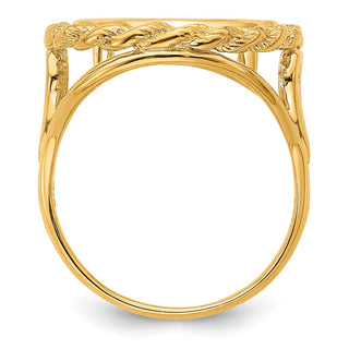 14k Yellow Gold Ladies Polished Wire Rope w/ Heart Sides 14.0mm Coin Bezel Ring - Fits 1/20 oz Maple Leaf and Other Coins