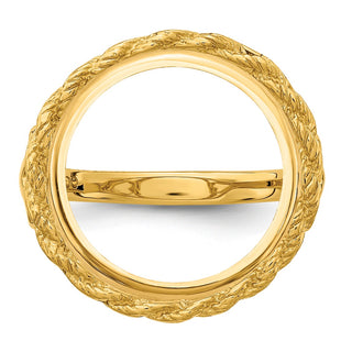 14k Yellow Gold Ladies Polished Wire Rope w/ Heart Sides 14.0mm Coin Bezel Ring - Fits 1/20 oz Maple Leaf and Other Coins