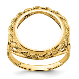 14k Yellow Gold Ladies Polished Wire Rope w/ Heart Sides 14.0mm Coin Bezel Ring - Fits 1/20 oz Maple Leaf and Other Coins