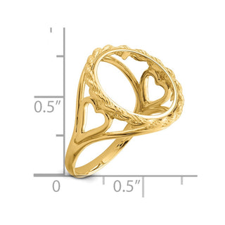 14k Yellow Gold Ladies Polished Wire Rope w/ Heart Sides 14.0mm Coin Bezel Ring - Fits 1/20 oz Maple Leaf and Other Coins