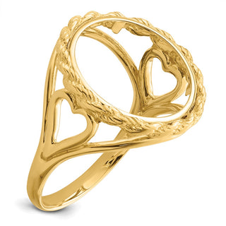 14k Yellow Gold Ladies Polished Wire Rope w/ Heart Sides 14.0mm Coin Bezel Ring - Fits 1/20 oz Maple Leaf and Other Coins