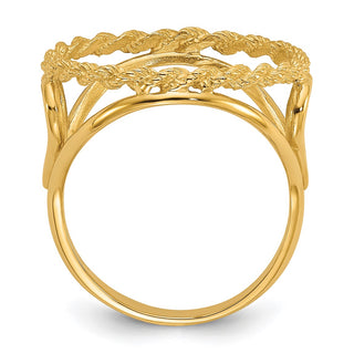 14k Yellow Gold Ladies Polished Wire Rope w/ Heart Sides 16.5mm Coin Bezel Ring - Fits 1/10 oz American Eagle and 1/10 oz Krugerrand