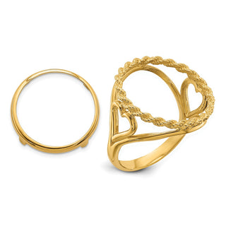 14k Yellow Gold Ladies Polished Wire Rope w/ Heart Sides 16.5mm Coin Bezel Ring - Fits 1/10 oz American Eagle and 1/10 oz Krugerrand