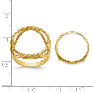 14k Yellow Gold Ladies Polished Wire Rope w/ Heart Sides 16.5mm Coin Bezel Ring - Fits 1/10 oz American Eagle and 1/10 oz Krugerrand