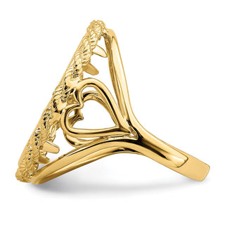 14k Yellow Gold Ladies Polished Wire Rope w/ Heart Sides 17.8mm Coin Bezel Ring - Fits US $2.50 Liberty and Other Coins