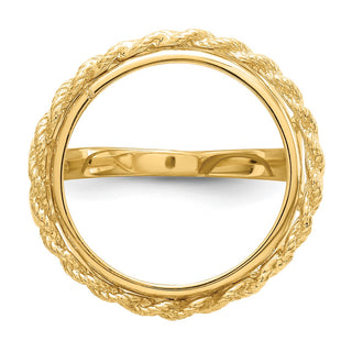 14k Yellow Gold Ladies Polished Wire Rope w/ Heart Sides 17.8mm Coin Bezel Ring - Fits US $2.50 Liberty and Other Coins