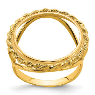 14k Yellow Gold Ladies Polished Wire Rope w/ Heart Sides 17.8mm Coin Bezel Ring - Fits US $2.50 Liberty and Other Coins