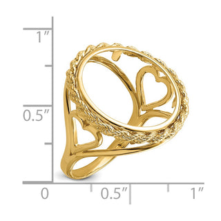 14k Yellow Gold Ladies Polished Wire Rope w/ Heart Sides 17.8mm Coin Bezel Ring - Fits US $2.50 Liberty and Other Coins
