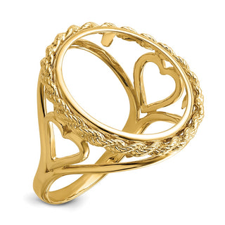 14k Yellow Gold Ladies Polished Wire Rope w/ Heart Sides 17.8mm Coin Bezel Ring - Fits US $2.50 Liberty and Other Coins
