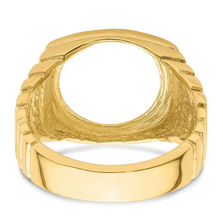 14k Yellow Gold Men's Square Ribbed 13mm Coin Bezel Ring - Fits 2 Pesos and US $1