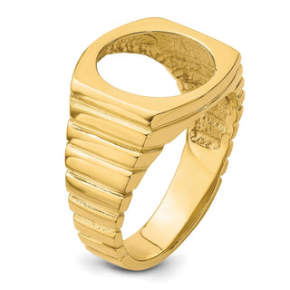 14k Yellow Gold Men's Square Ribbed 13mm Coin Bezel Ring - Fits 2 Pesos and US $1