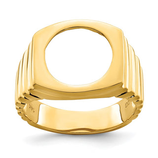 14k Yellow Gold Men's Square Ribbed 13mm Coin Bezel Ring - Fits 2 Pesos and US $1