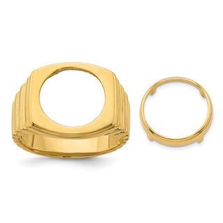 14k Yellow Gold Men's Square Ribbed 13mm Coin Bezel Ring - Fits 2 Pesos and US $1