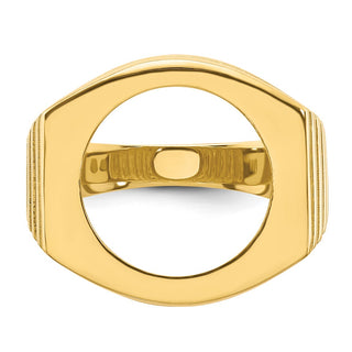 14k Yellow Gold Mens Polished Square Ribbed 16.0mm Coin Bezel Ring - Fits 1/10 oz Maple Leaf and Other Coins