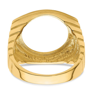 14k Yellow Gold Mens Polished Square Ribbed 16.0mm Coin Bezel Ring - Fits 1/10 oz Maple Leaf and Other Coins