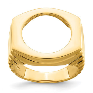14k Yellow Gold Mens Polished Square Ribbed 16.0mm Coin Bezel Ring - Fits 1/10 oz Maple Leaf and Other Coins