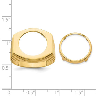 14k Yellow Gold Mens Polished Square Ribbed 16.0mm Coin Bezel Ring - Fits 1/10 oz Maple Leaf and Other Coins