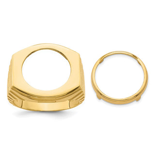 14k Yellow Gold Mens Polished Square Ribbed 16.0mm Coin Bezel Ring - Fits 1/10 oz Maple Leaf and Other Coins