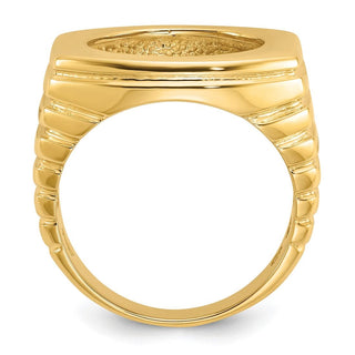 14k Yellow Gold Mens Polished Square Ribbed 16.5mm Coin Bezel Ring - Fits 1/10 oz American Eagle and 1/10 oz Krugerrand