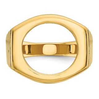 14k Yellow Gold Mens Polished Square Ribbed 16.5mm Coin Bezel Ring - Fits 1/10 oz American Eagle and 1/10 oz Krugerrand