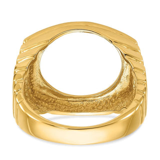 14k Yellow Gold Mens Polished Square Ribbed 16.5mm Coin Bezel Ring - Fits 1/10 oz American Eagle and 1/10 oz Krugerrand