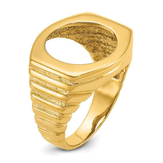14k Yellow Gold Mens Polished Square Ribbed 16.5mm Coin Bezel Ring - Fits 1/10 oz American Eagle and 1/10 oz Krugerrand