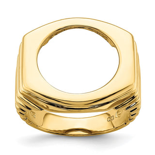 14k Yellow Gold Mens Polished Square Ribbed 16.5mm Coin Bezel Ring - Fits 1/10 oz American Eagle and 1/10 oz Krugerrand