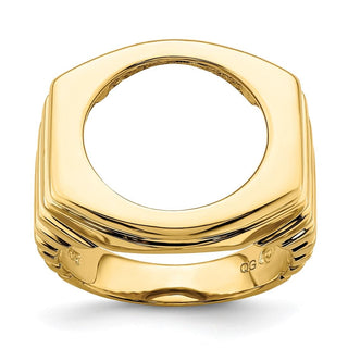 14k Yellow Gold Mens Polished Square Ribbed 16.5mm Coin Bezel Ring - Fits 1/10 oz American Eagle and 1/10 oz Krugerrand