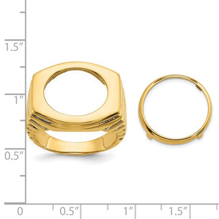 14k Yellow Gold Mens Polished Square Ribbed 16.5mm Coin Bezel Ring - Fits 1/10 oz American Eagle and 1/10 oz Krugerrand
