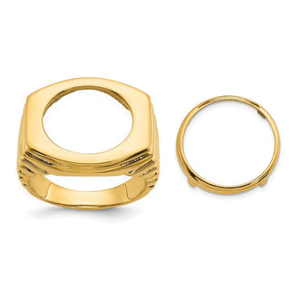 14k Yellow Gold Mens Polished Square Ribbed 16.5mm Coin Bezel Ring - Fits 1/10 oz American Eagle and 1/10 oz Krugerrand