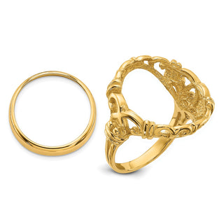 14k Yellow Gold Ladies Polished Wire Fancy Curved X 16.5mm Coin Bezel Ring - Fits 1/10 oz American Eagle and 1/10 oz Krugerrand