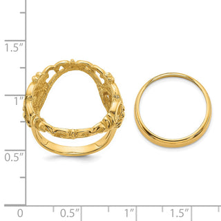 14k Yellow Gold Ladies Polished Wire Fancy Curved X 16.5mm Coin Bezel Ring - Fits 1/10 oz American Eagle and 1/10 oz Krugerrand