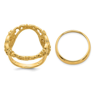 14k Yellow Gold Ladies Polished Wire Fancy Curved X 16.5mm Coin Bezel Ring - Fits 1/10 oz American Eagle and 1/10 oz Krugerrand
