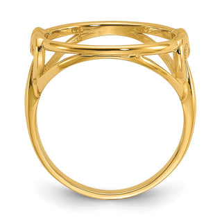 14k Yellow Gold Ladies Polished Fancy Curved Wire Heart 14.0mm Coin Bezel Ring - Fits 1/20 oz Maple Leaf and Other Coins