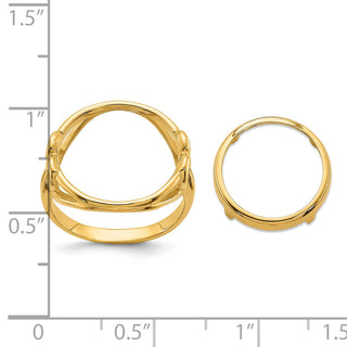 14k Yellow Gold Ladies Polished Fancy Curved Wire Heart 14.0mm Coin Bezel Ring - Fits 1/20 oz Maple Leaf and Other Coins