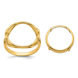 14k Yellow Gold Ladies Polished Fancy Curved Wire Heart 14.0mm Coin Bezel Ring - Fits 1/20 oz Maple Leaf and Other Coins