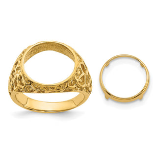 14k Gold Polished Men's Carved Nugget 13mm Coin Bezel Ring - Fits 2 Pesos and US $1